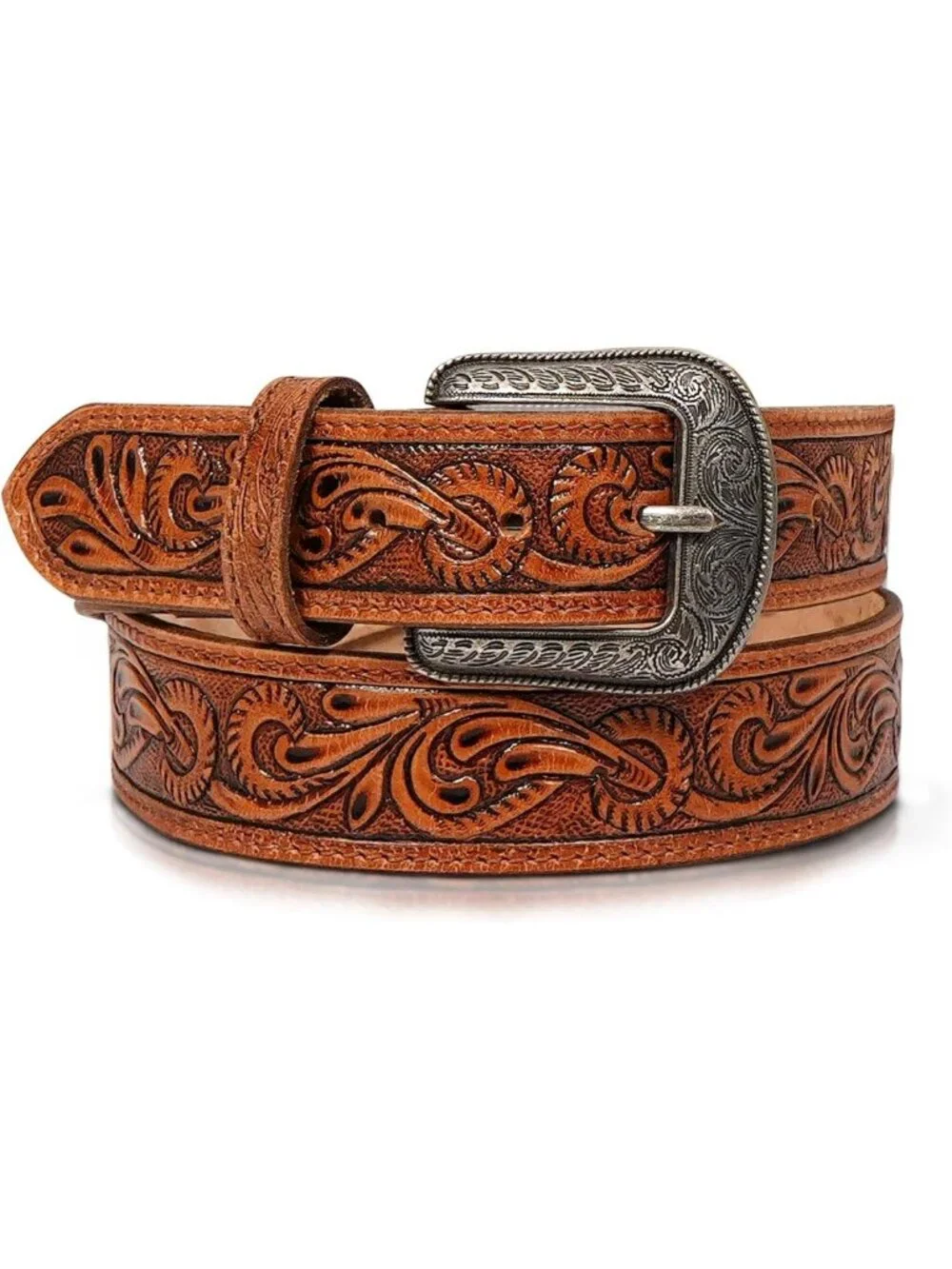 Full-Grain Men's Western Belt - Durable Tooled Leather, Versatile Buckle-Free
